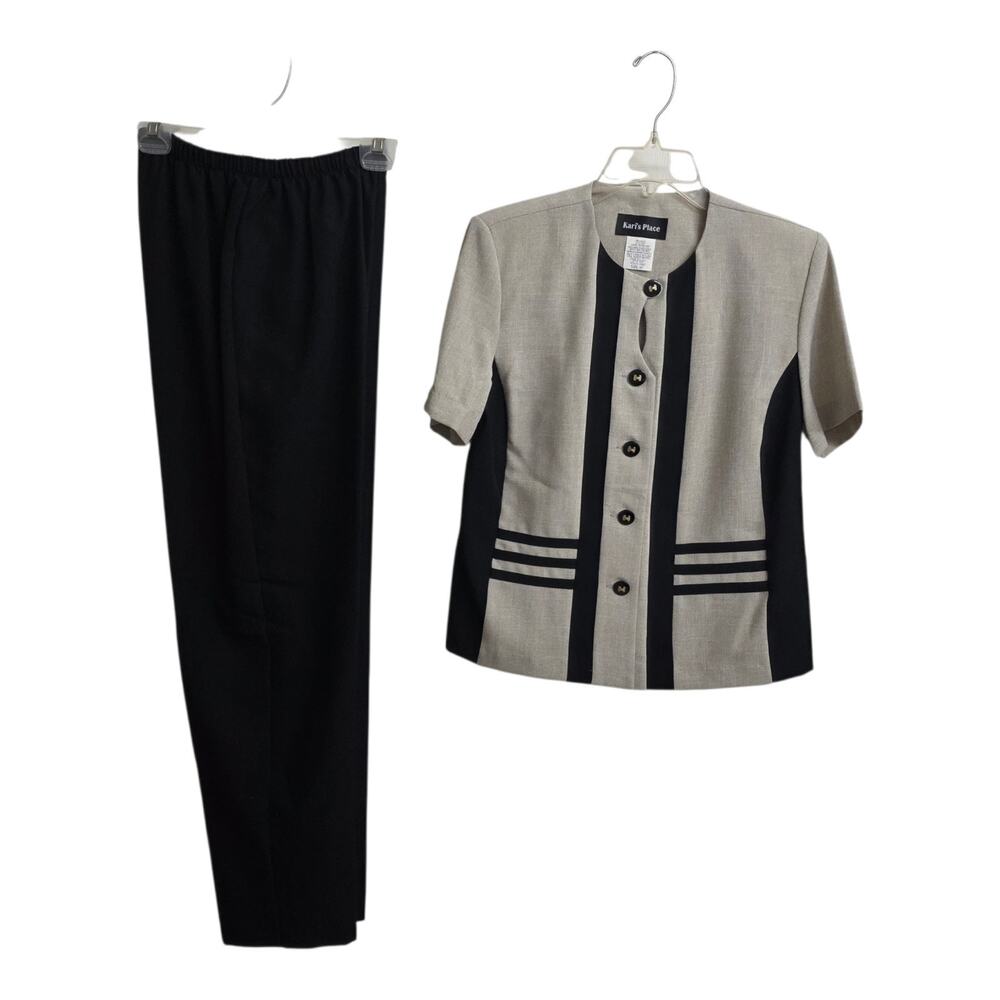 Kari’s Place 2 Piece Suit 8P Black Tan Short Sleeve Blazer Pants Career Set - Picture 10 of 10